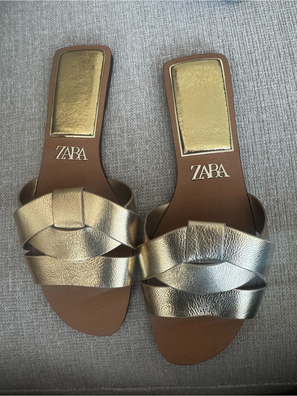 ZARA Metallic Gold Braided Leather Slide Sandals